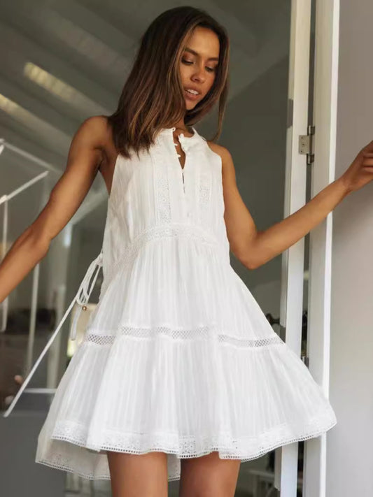 Women's Lace Trim Button-Up Midi Dress
