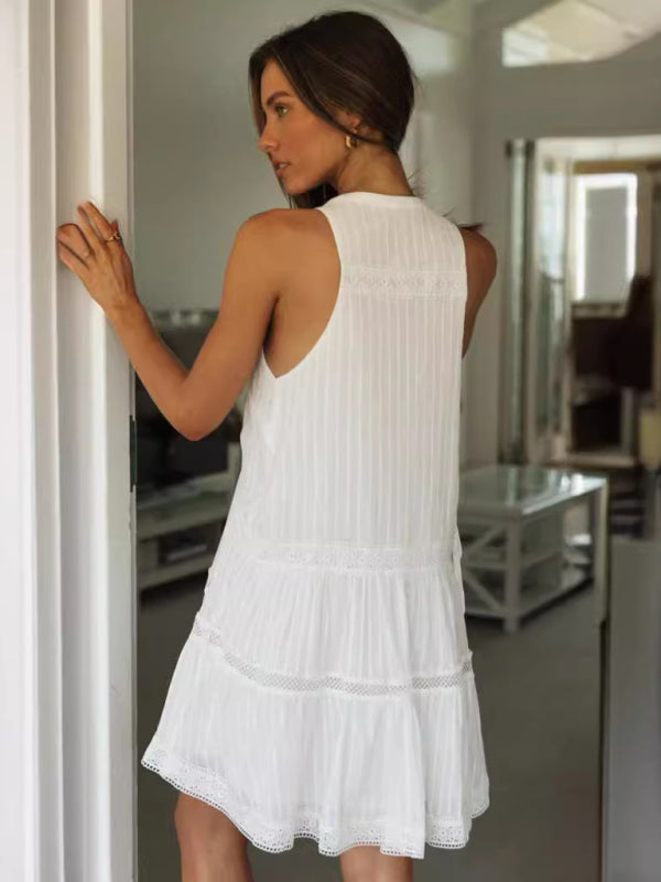 Women's Lace Trim Button-Up Midi Dress