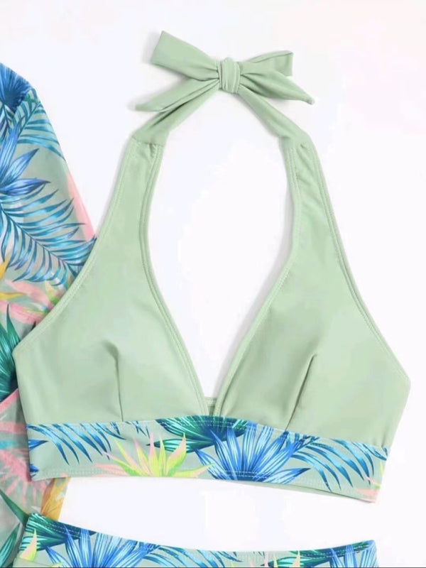 Printed Mesh Bikini Three-Piece Set – Push-Up Top & Cover-Up Included