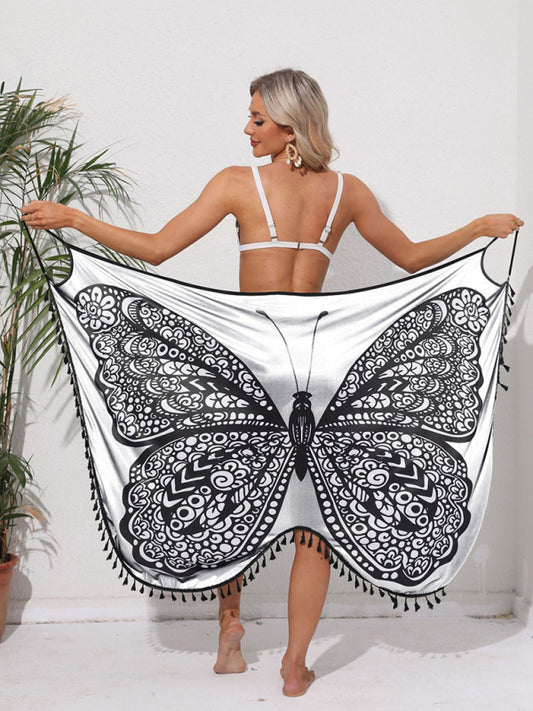 Butterfly Print Strappy Backless Dress – Lightweight Knit Beach Cover-Up