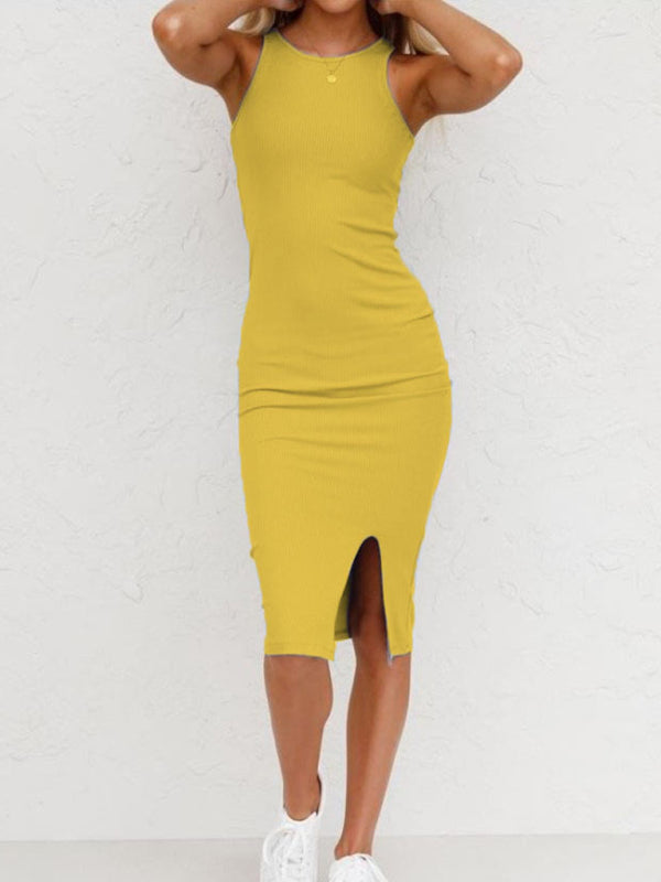 Knit Slim Midi Vest Dress – Cotton Blend with Side Slit & Minimalist Fit