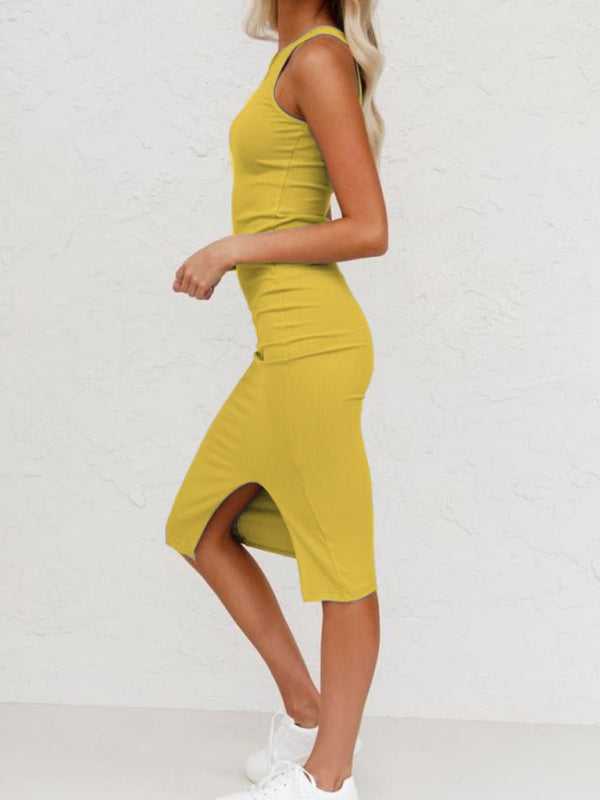 Knit Slim Midi Vest Dress – Cotton Blend with Side Slit & Minimalist Fit