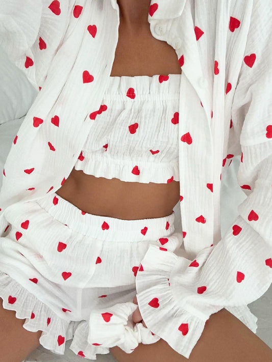 Romantic Cotton Three-Piece Pajama Set – Tube Top, Shirt & Shorts with Heart Print