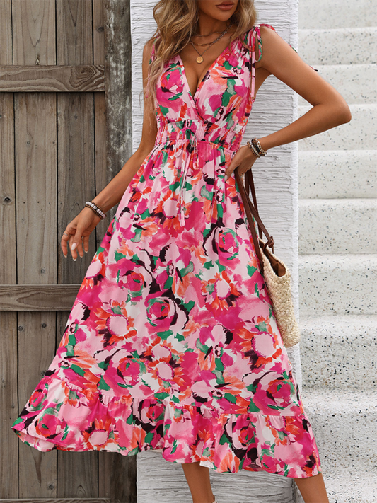 Sleeveless V-Neck Belted Maxi Dress – Full Print Rayon for Spring-Summer