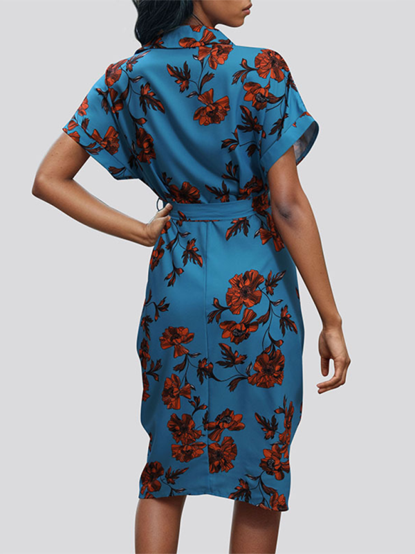 Elegant Lace-Up Printed Shirt Dress – Lightweight Spring-Summer Midi