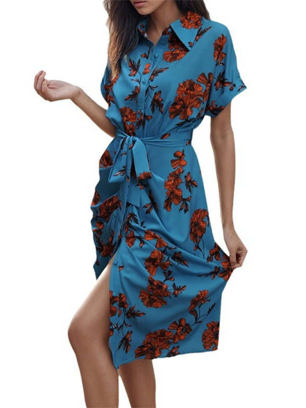 Elegant Lace-Up Printed Shirt Dress – Lightweight Spring-Summer Midi