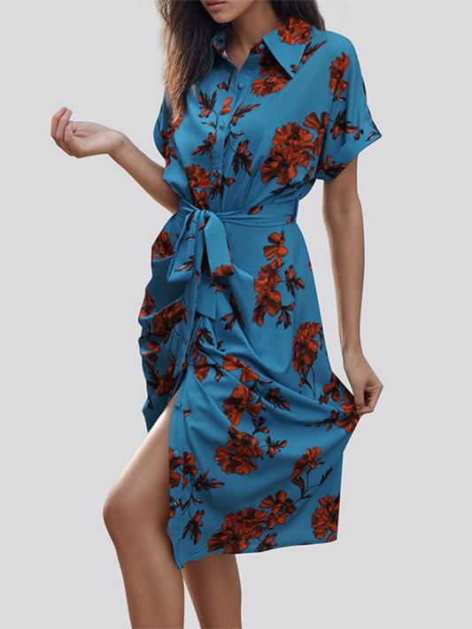 Elegant Lace-Up Printed Shirt Dress – Lightweight Spring-Summer Midi