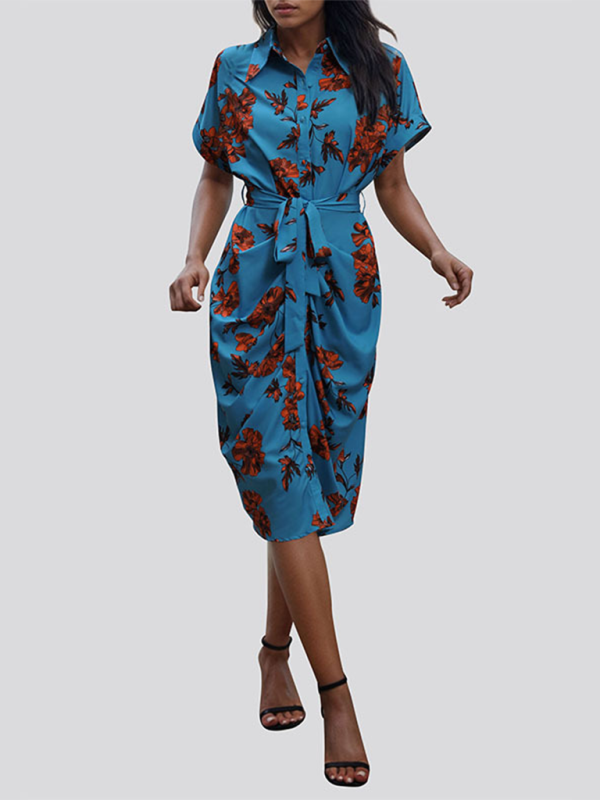 Elegant Lace-Up Printed Shirt Dress – Lightweight Spring-Summer Midi