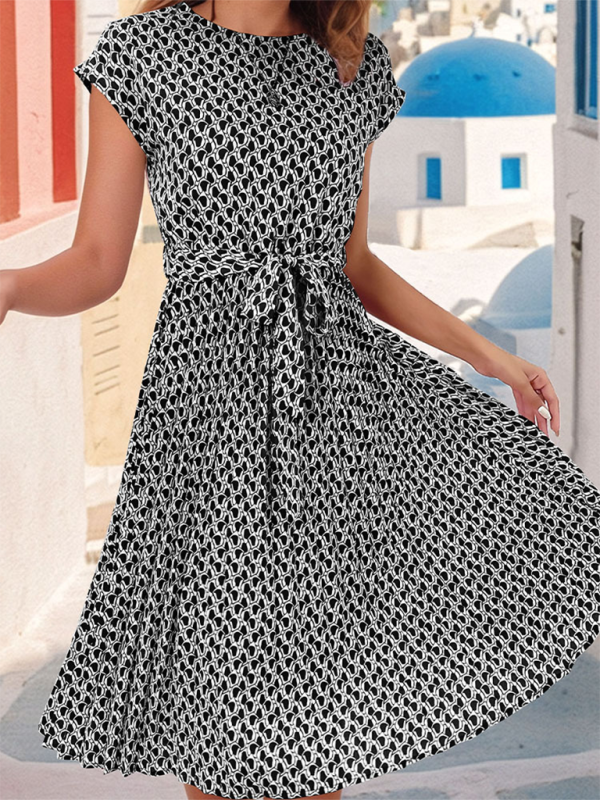 Elegant Short Sleeve Lace-Up Pleated Midi Dress – Full Print, Spring-Summer