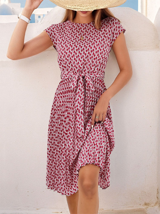 Elegant Short Sleeve Lace-Up Pleated Midi Dress – Full Print, Spring-Summer