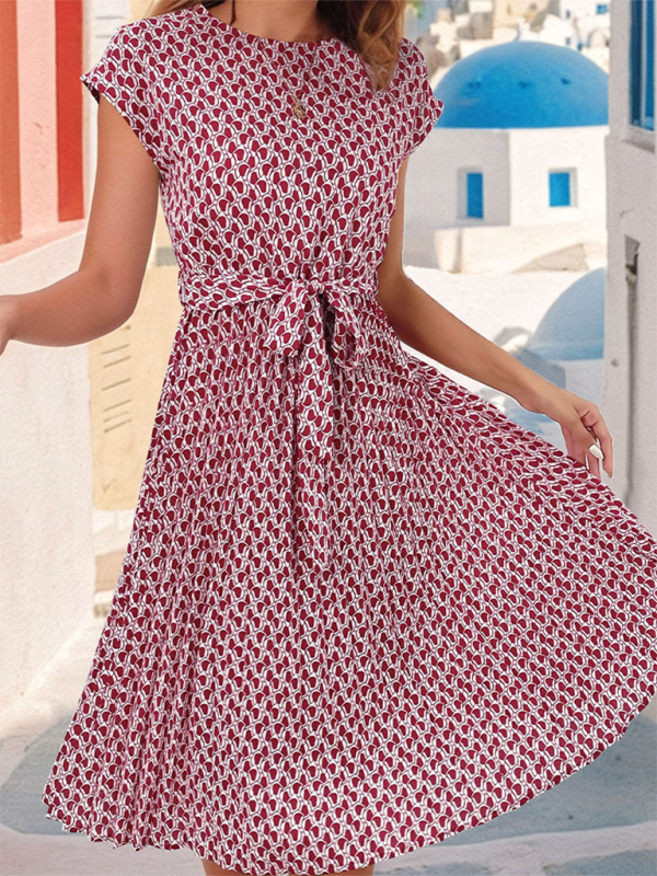 Elegant Short Sleeve Lace-Up Pleated Midi Dress – Full Print, Spring-Summer