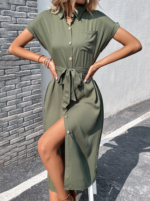 Einfarbiges Midikleid mit Schlitz für Damen – Leichte Viskose, Frühling-Sommer-Stil