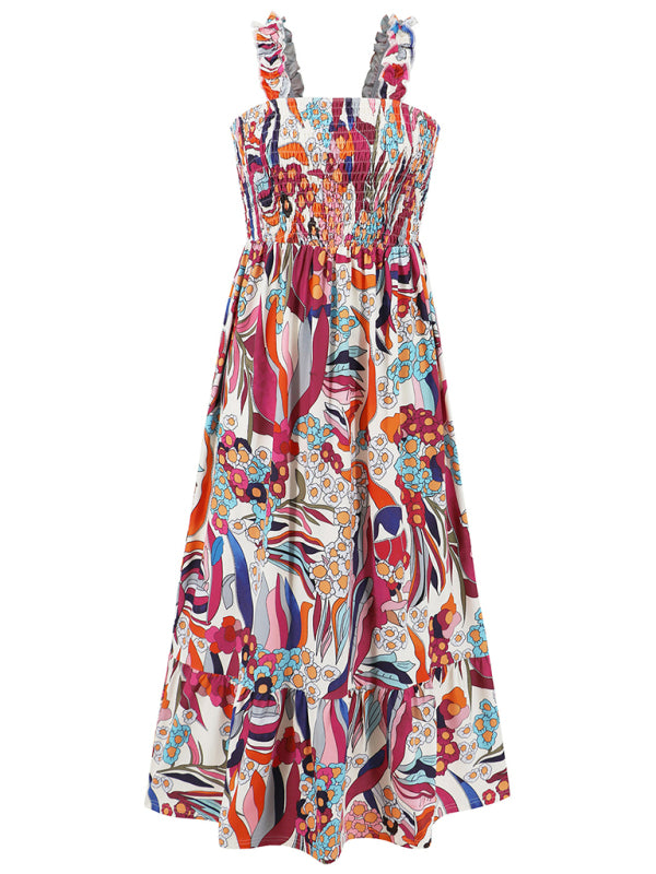 Elegant Floral Print Maxi Dress – Romantic Holiday Suspender Style