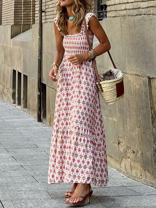Elegant Floral Print Maxi Dress – Romantic Holiday Suspender Style