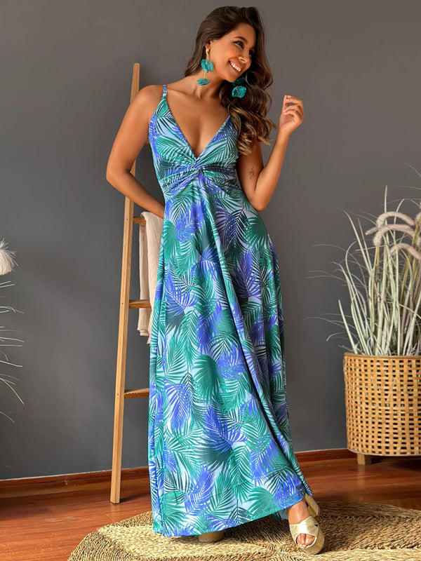 Elegant Printed V-Neck A-Line Maxi Dress – Spaghetti Straps, Spring-Summer Style