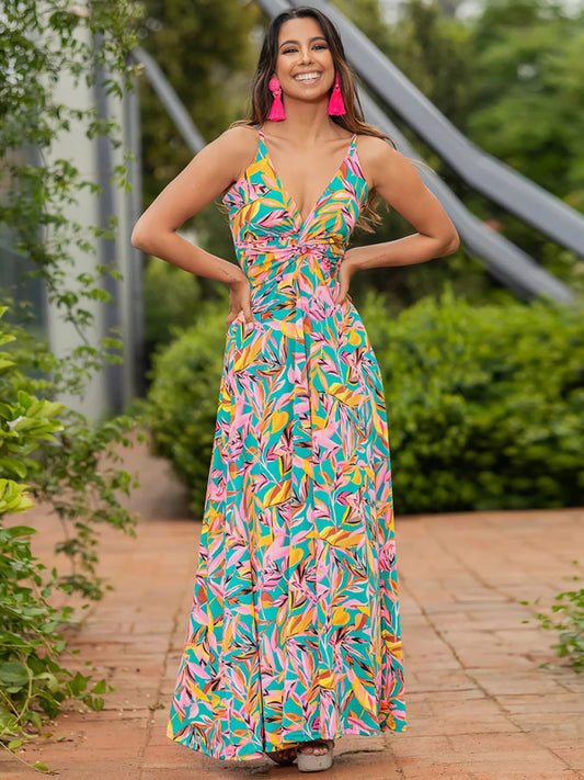Elegant Printed V-Neck A-Line Maxi Dress – Spaghetti Straps, Spring-Summer Style