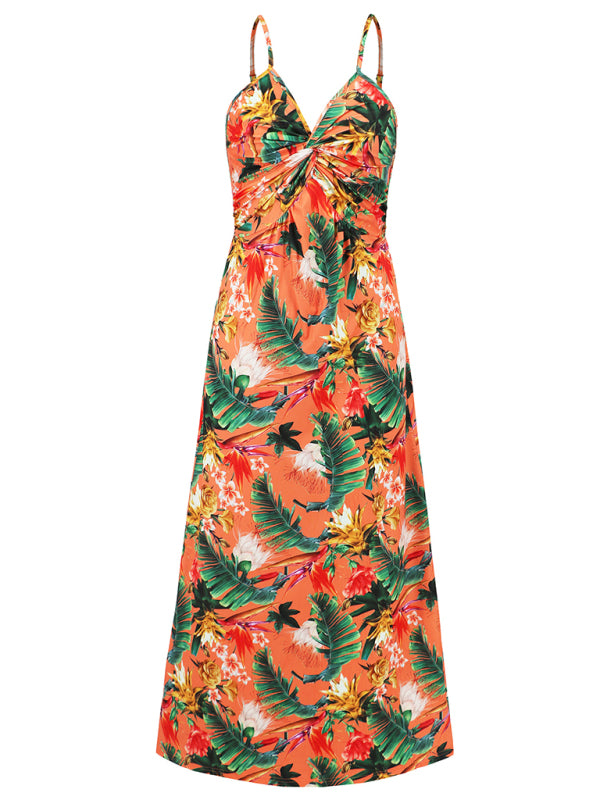 Elegant Printed V-Neck A-Line Maxi Dress – Spaghetti Straps, Spring-Summer Style