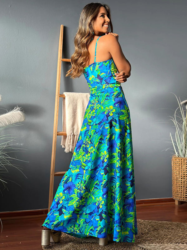 Elegant Printed V-Neck A-Line Maxi Dress – Spaghetti Straps, Spring-Summer Style
