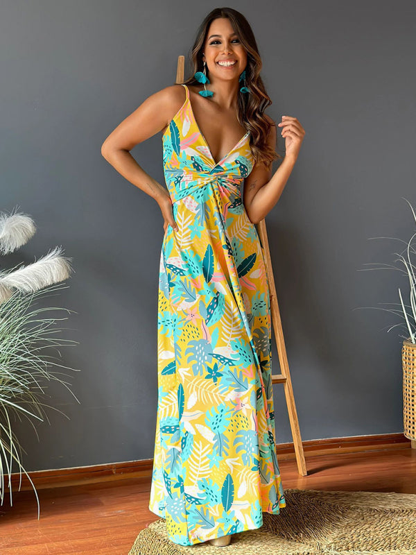 Elegant Printed V-Neck A-Line Maxi Dress – Spaghetti Straps, Spring-Summer Style