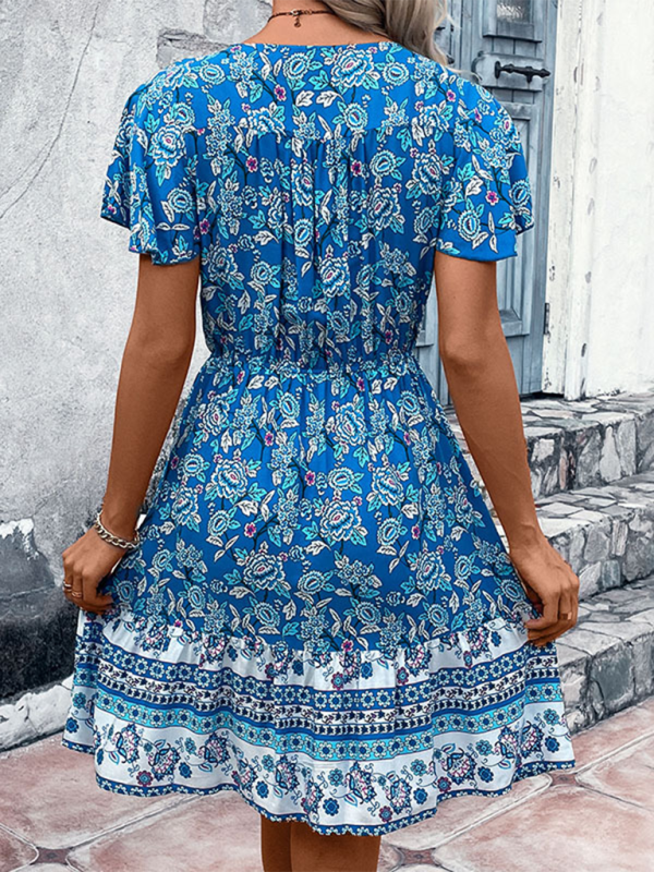 Bohemian V-Neck Floral Midi Dress – Ethnic Print Rayon Spring-Summer Style