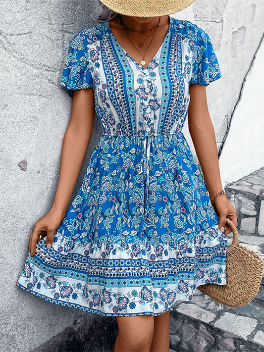 Bohemian V-Neck Floral Midi Dress – Ethnic Print Rayon Spring-Summer Style