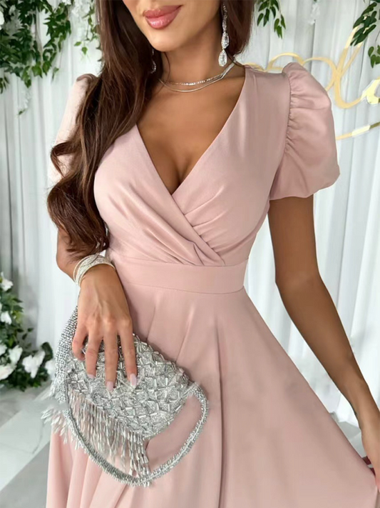 V-Neck Puff Sleeve Swing Midi Dress – Elegant Fit & Flare Design for Daily Wear