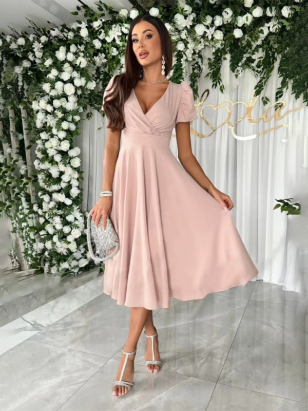 V-Neck Puff Sleeve Swing Midi Dress – Elegant Fit & Flare Design for Daily Wear