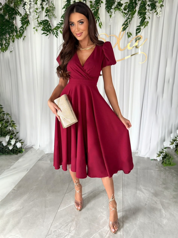 V-Neck Puff Sleeve Swing Midi Dress – Elegant Fit & Flare Design for Daily Wear