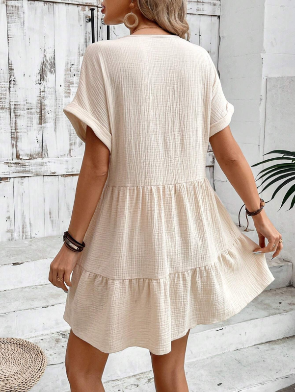 Solid V-Neck Pleated Midi Dress – Cracker Khaki or Green, Flowy Spring Style