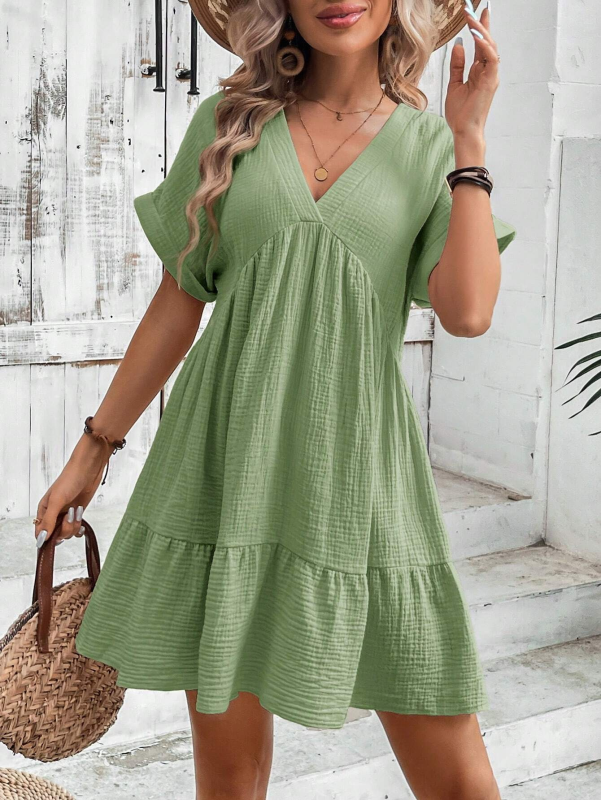 Solid V-Neck Pleated Midi Dress – Cracker Khaki or Green, Flowy Spring Style