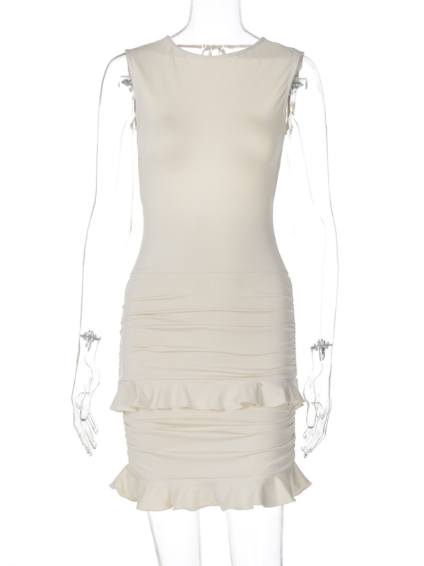 Backless Lace Knit Mini Dress – Sleeveless Round Neck, Solid Color