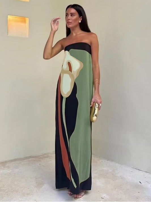 Green Printed Tube Top Midi Dress – Strapless Woven Dress for Warm Weather