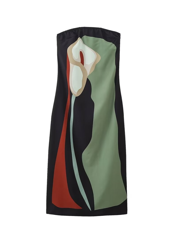 Green Printed Tube Top Midi Dress – Strapless Woven Dress for Warm Weather