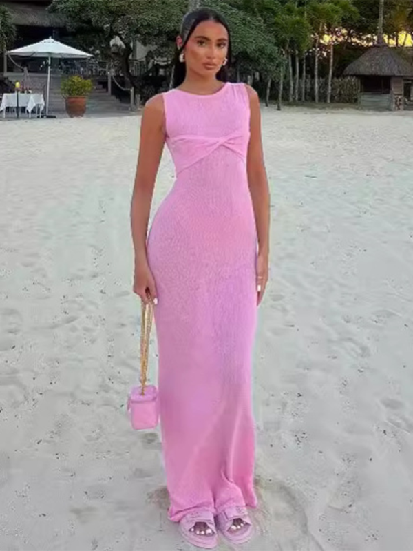 Sleeveless Knit Cotton Maxi Dress – Round Neck, Body-Hugging Fit