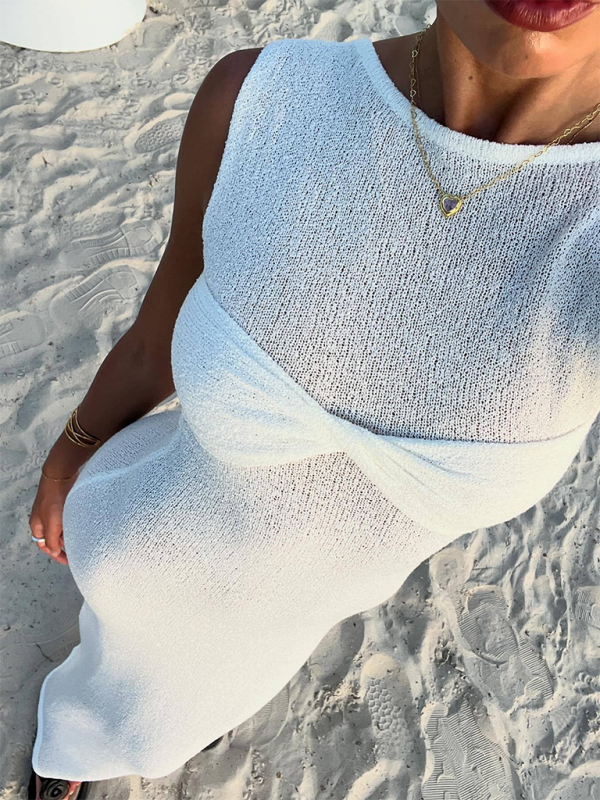Sleeveless Knit Cotton Maxi Dress – Round Neck, Body-Hugging Fit