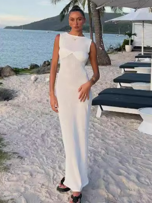 Sleeveless Knit Cotton Maxi Dress – Round Neck, Body-Hugging Fit