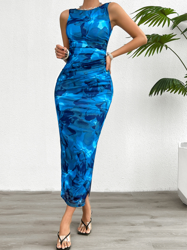 Slim Fit Sleeveless Mesh Dress – Printed Knit, Sexy Spring-Summer Style