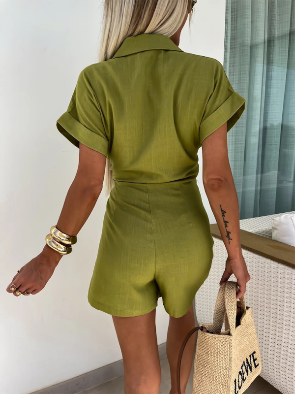 Casual Cotton-Linen Lapel Jumpsuit – Short Sleeve Summer Romper