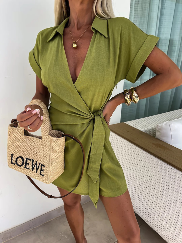 Casual Cotton-Linen Lapel Jumpsuit – Short Sleeve Summer Romper