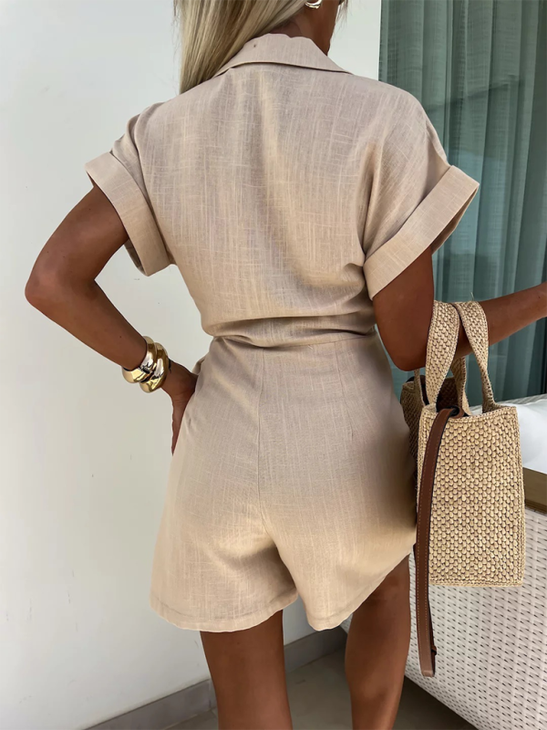 Casual Cotton-Linen Lapel Jumpsuit – Short Sleeve Summer Romper