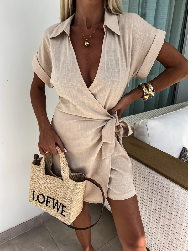 Casual Cotton-Linen Lapel Jumpsuit – Short Sleeve Summer Romper