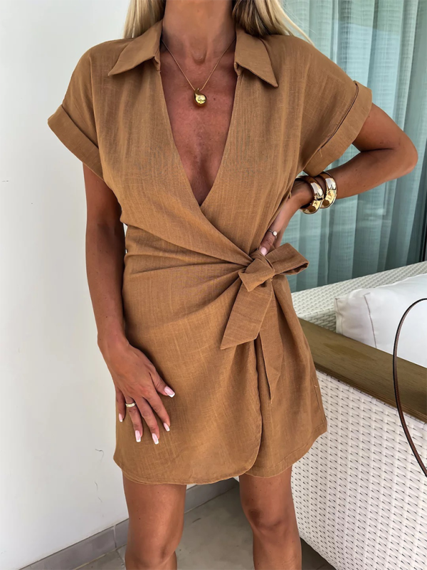 Casual Cotton-Linen Lapel Jumpsuit – Short Sleeve Summer Romper