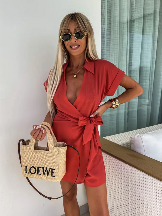 Casual Cotton-Linen Lapel Jumpsuit – Short Sleeve Summer Romper