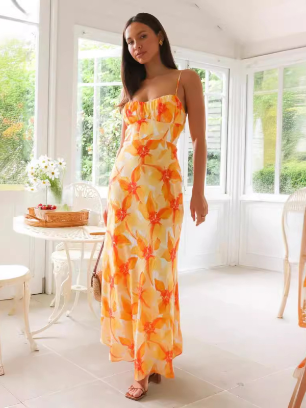 Floral Backless Midi Dress – Romantic Summer Print in Purple, Yellow, or Green