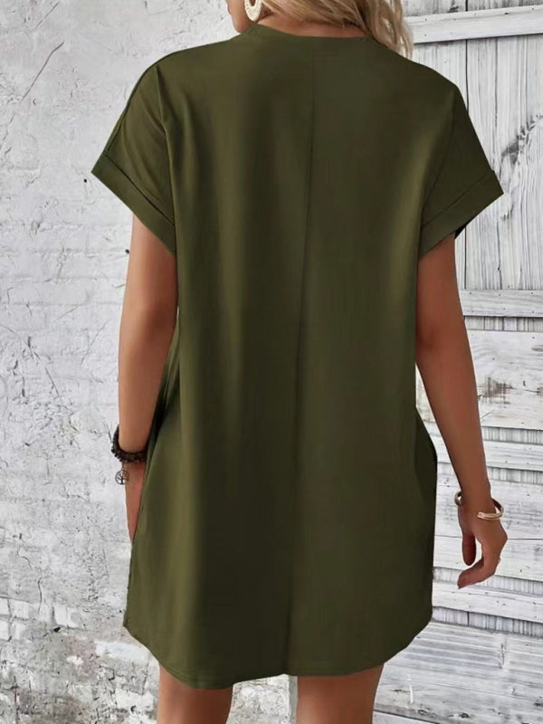 Solid Color Pocket Midi Dress – Loose Fit Round Neck Short Sleeve for Spring & Summer