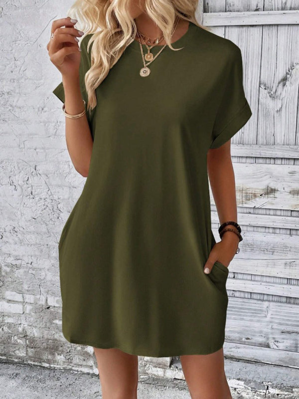 Solid Color Pocket Midi Dress – Loose Fit Round Neck Short Sleeve for Spring & Summer