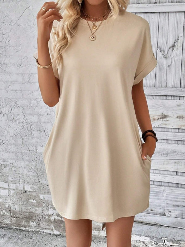 Solid Color Pocket Midi Dress – Loose Fit Round Neck Short Sleeve for Spring & Summer