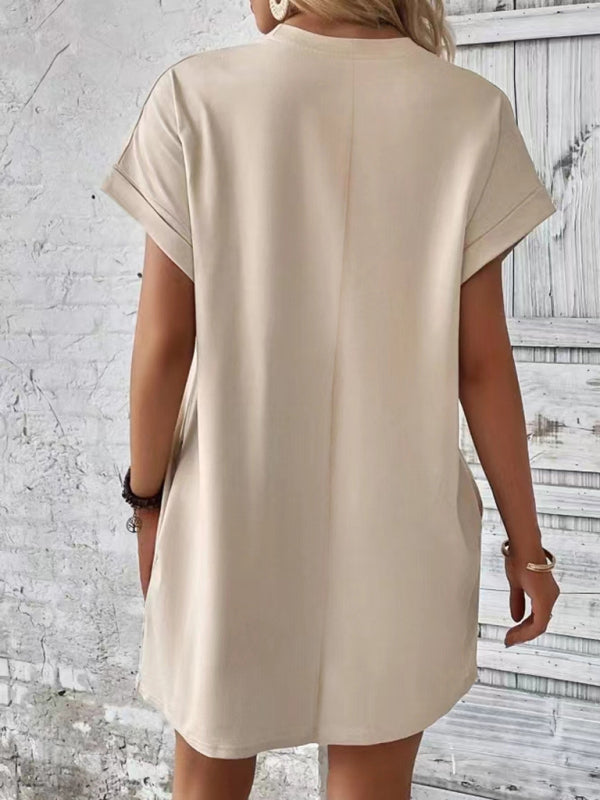 Solid Color Pocket Midi Dress – Loose Fit Round Neck Short Sleeve for Spring & Summer
