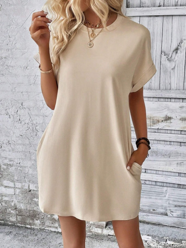 Solid Color Pocket Midi Dress – Loose Fit Round Neck Short Sleeve for Spring & Summer