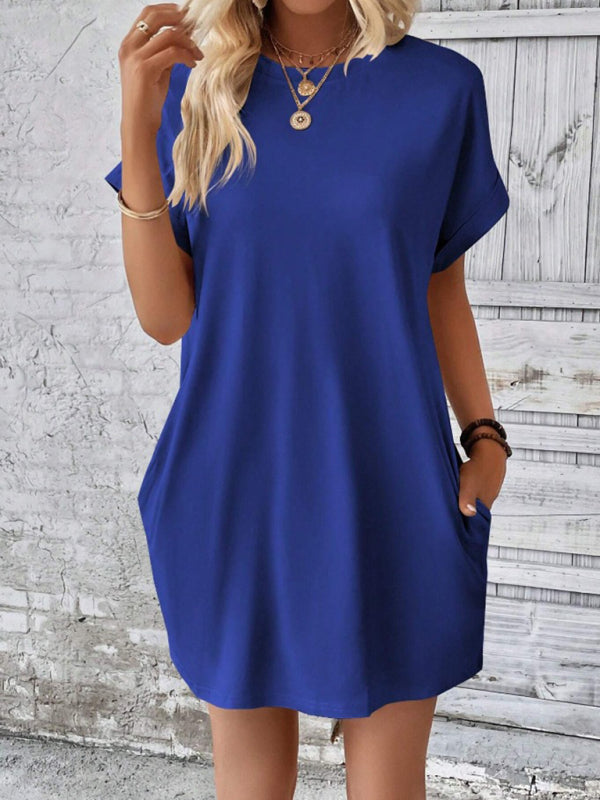 Solid Color Pocket Midi Dress – Loose Fit Round Neck Short Sleeve for Spring & Summer